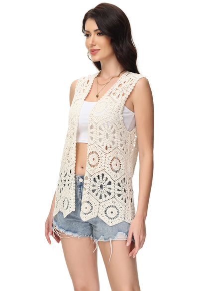 Anna-Kaci Womens Floral Crochet Cardigan Lace Trim Sleeveless Open Front Vest