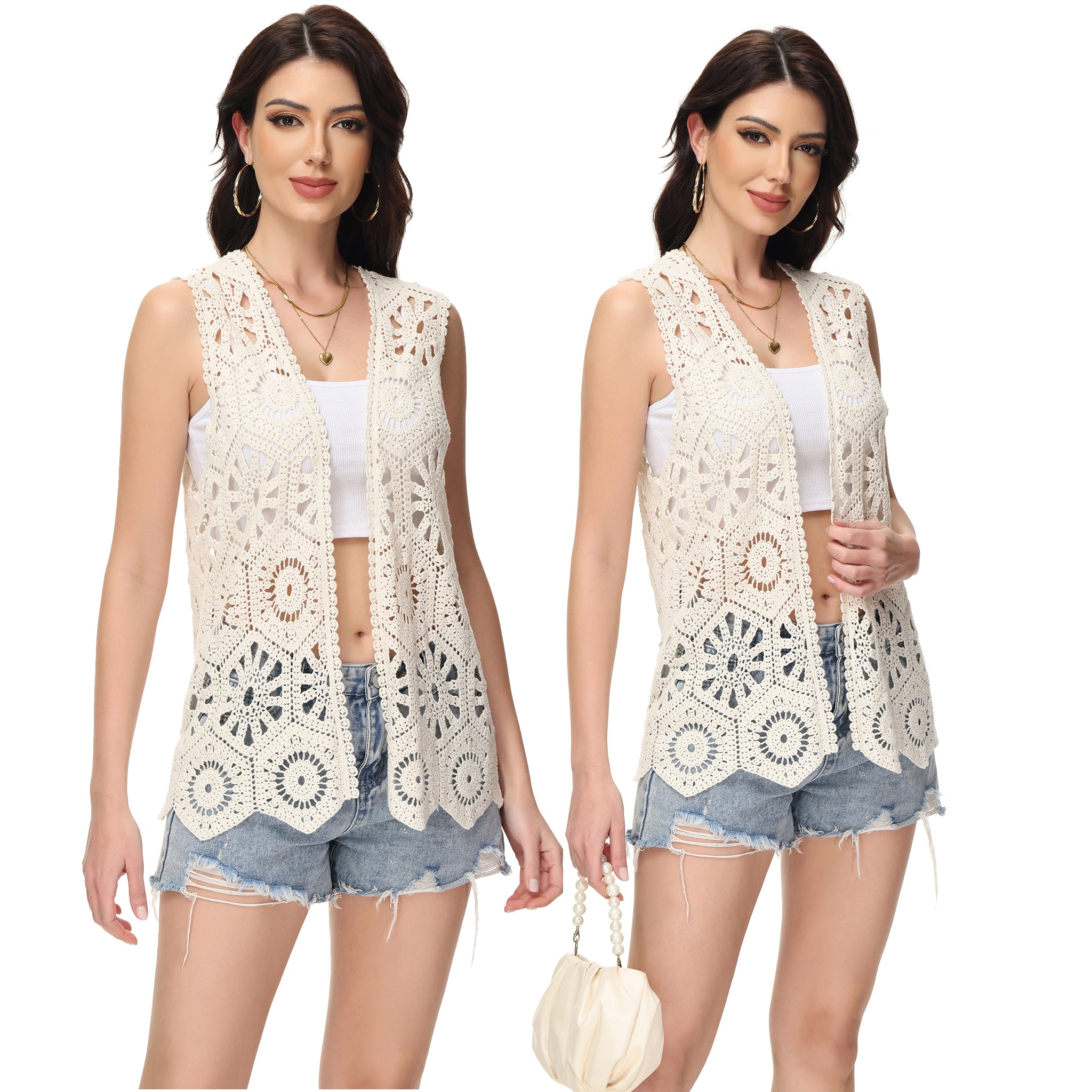 Cárdigan de crochet floral para mujer de Anna-Kaci, sin mangas, con ribete de encaje y chaleco abierto al frente