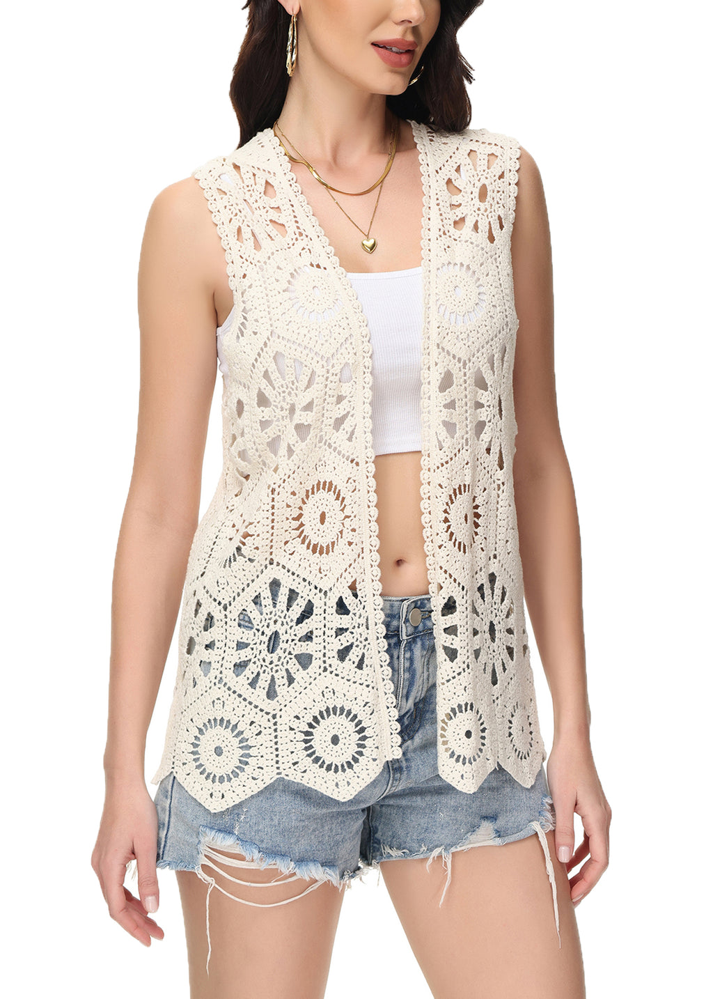 Cárdigan de crochet floral para mujer de Anna-Kaci, sin mangas, con ribete de encaje y chaleco abierto al frente
