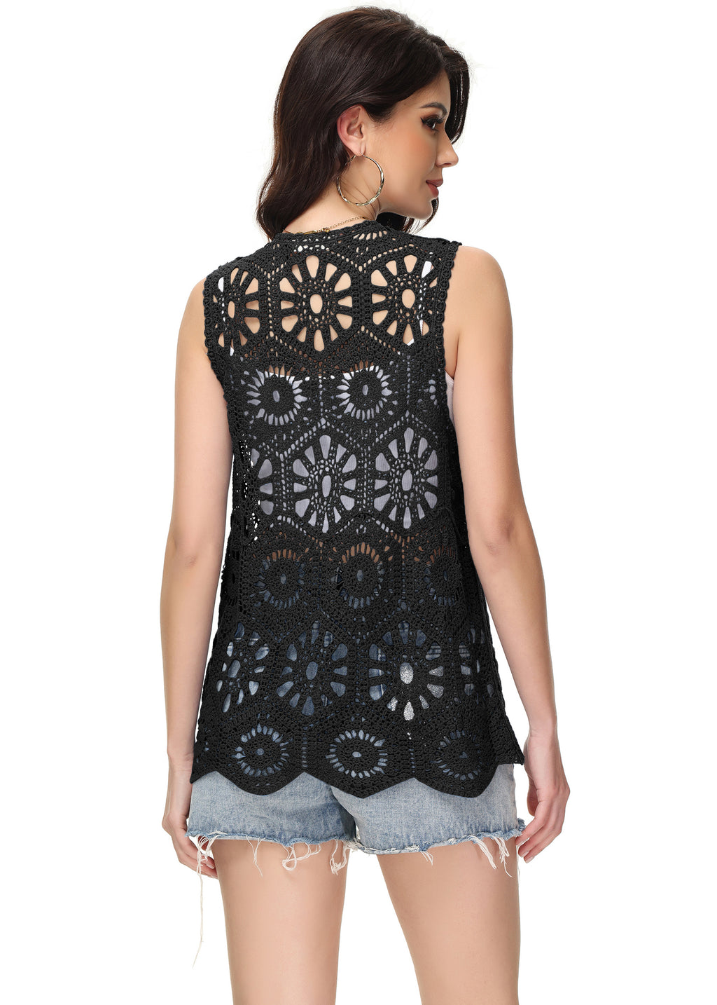 Cárdigan de crochet floral para mujer de Anna-Kaci, sin mangas, con ribete de encaje y chaleco abierto al frente