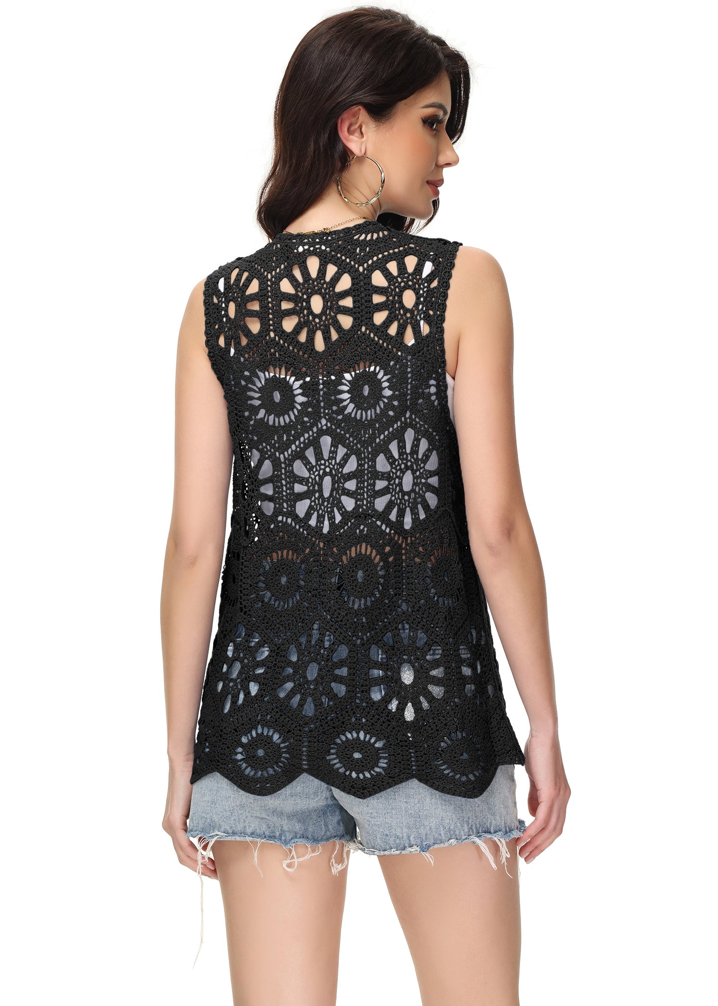 Cárdigan de crochet floral para mujer de Anna-Kaci, sin mangas, con ribete de encaje y chaleco abierto al frente