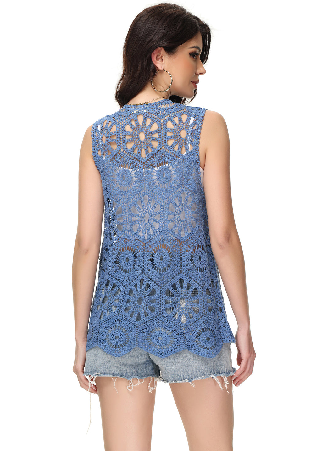 Cárdigan de crochet floral para mujer de Anna-Kaci, sin mangas, con ribete de encaje y chaleco abierto al frente