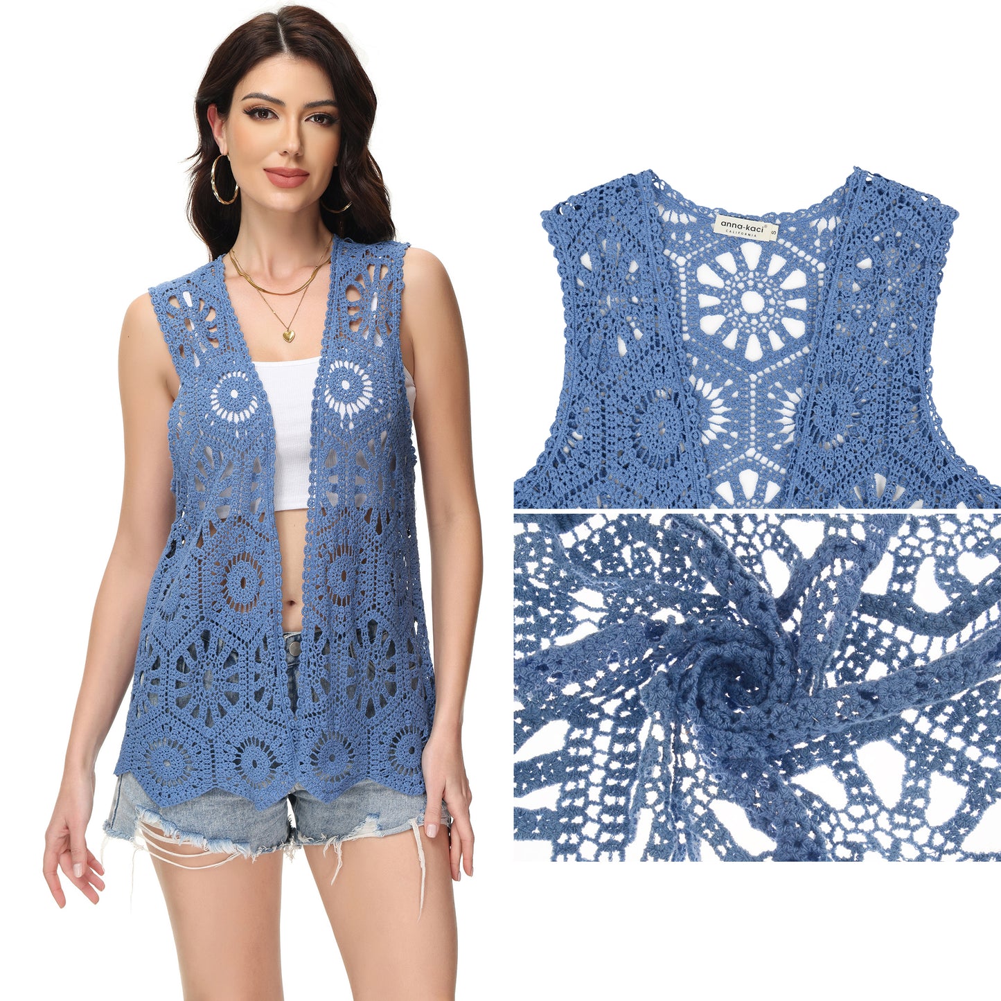 Anna-Kaci Womens Floral Crochet Cardigan Lace Trim Sleeveless Open Front Vest