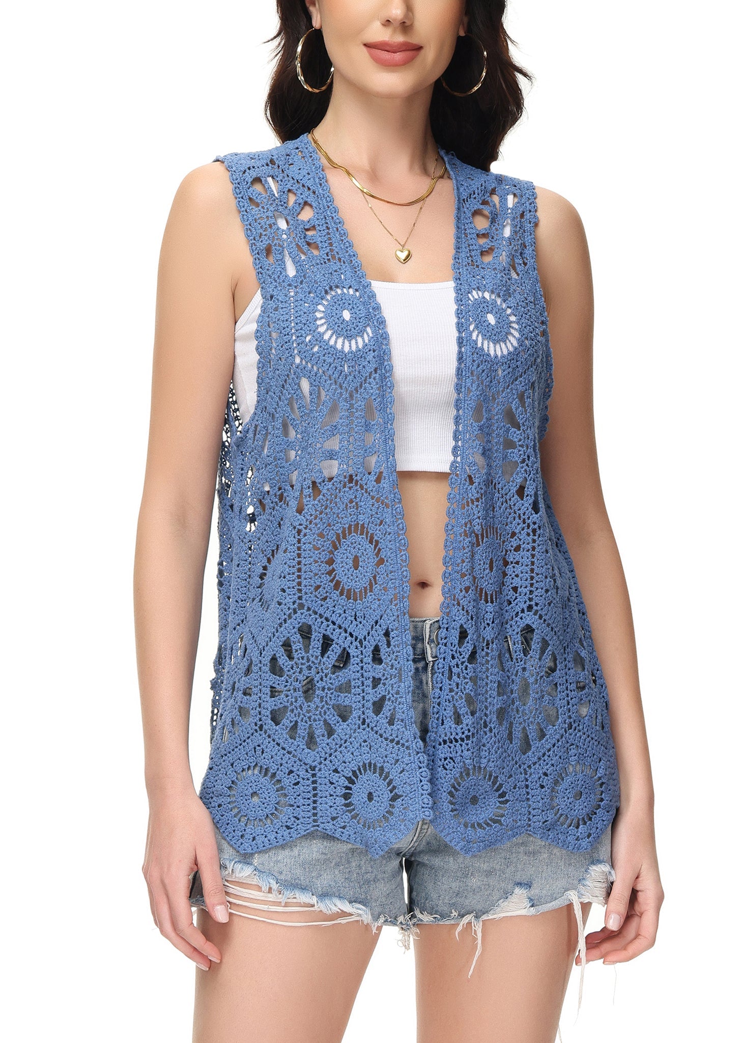 Cárdigan de crochet floral para mujer de Anna-Kaci, sin mangas, con ribete de encaje y chaleco abierto al frente