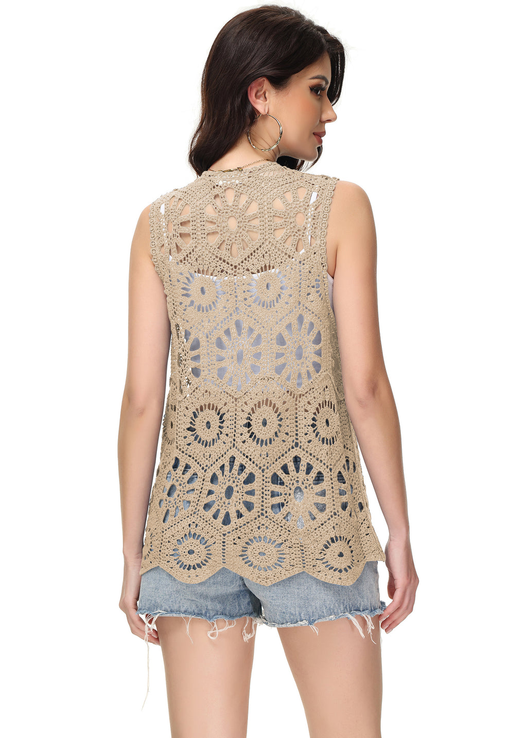 Cárdigan de crochet floral para mujer de Anna-Kaci, sin mangas, con ribete de encaje y chaleco abierto al frente