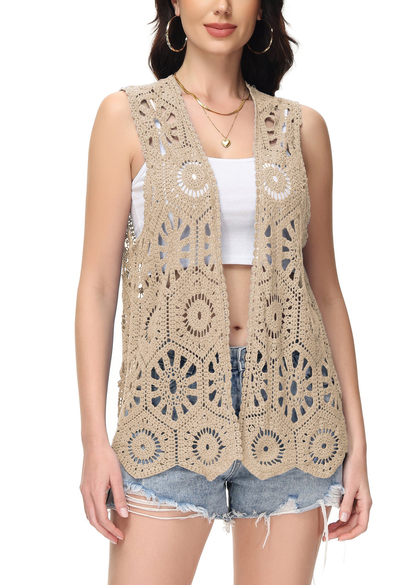 Cárdigan de crochet floral para mujer de Anna-Kaci, sin mangas, con ribete de encaje y chaleco abierto al frente