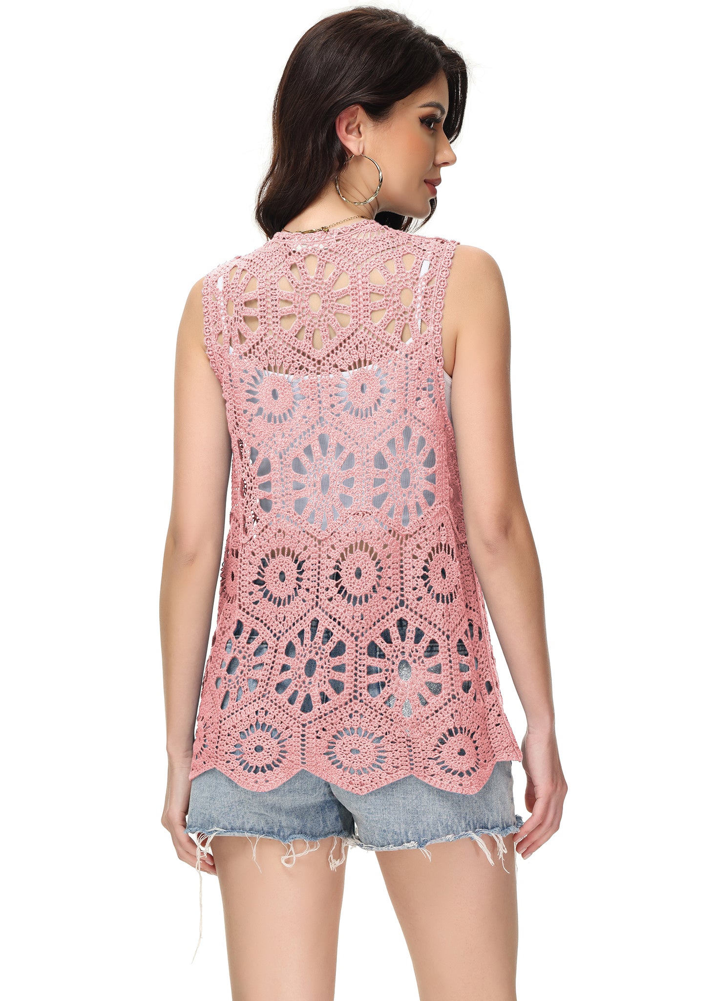 Cárdigan de crochet floral para mujer de Anna-Kaci, sin mangas, con ribete de encaje y chaleco abierto al frente