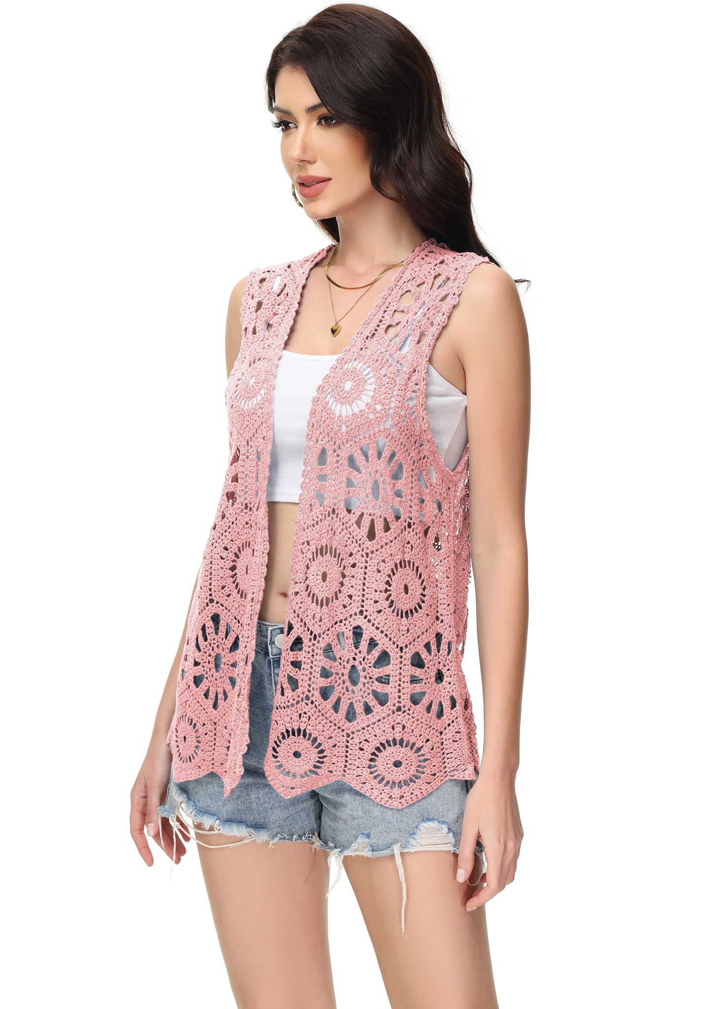 Cárdigan de crochet floral para mujer de Anna-Kaci, sin mangas, con ribete de encaje y chaleco abierto al frente