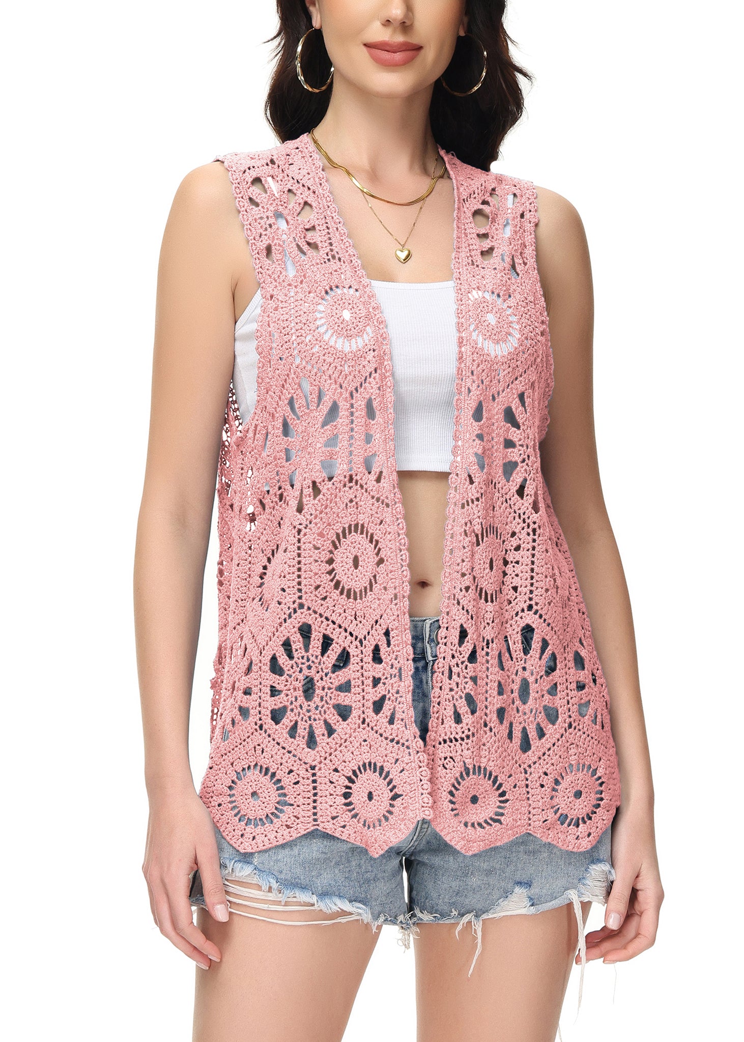 Cárdigan de crochet floral para mujer de Anna-Kaci, sin mangas, con ribete de encaje y chaleco abierto al frente