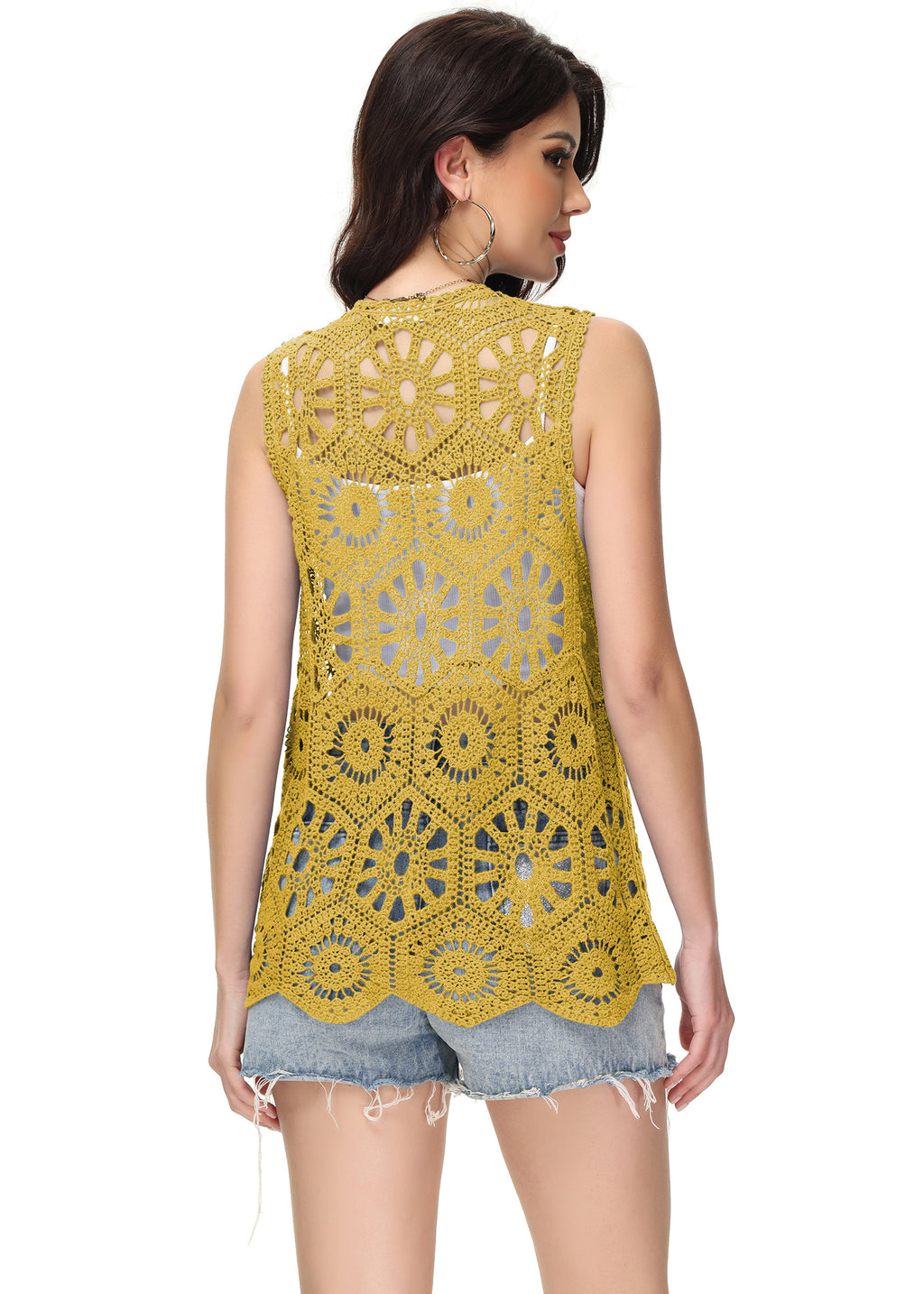 Cárdigan de crochet floral para mujer de Anna-Kaci, sin mangas, con ribete de encaje y chaleco abierto al frente