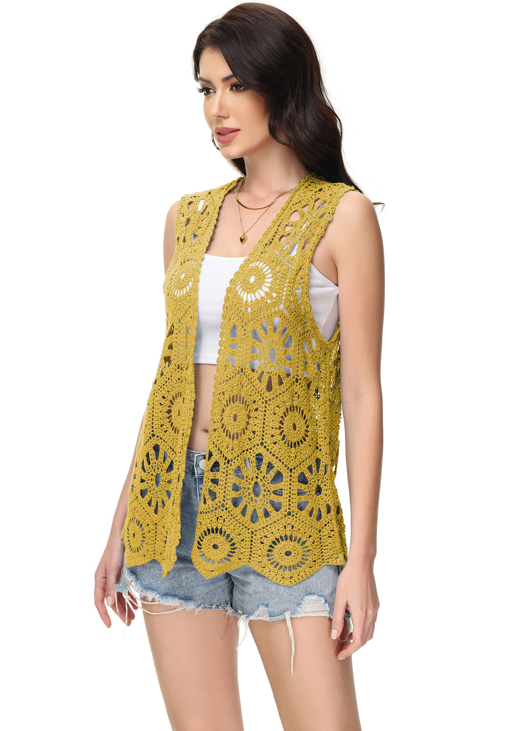 Cárdigan de crochet floral para mujer de Anna-Kaci, sin mangas, con ribete de encaje y chaleco abierto al frente