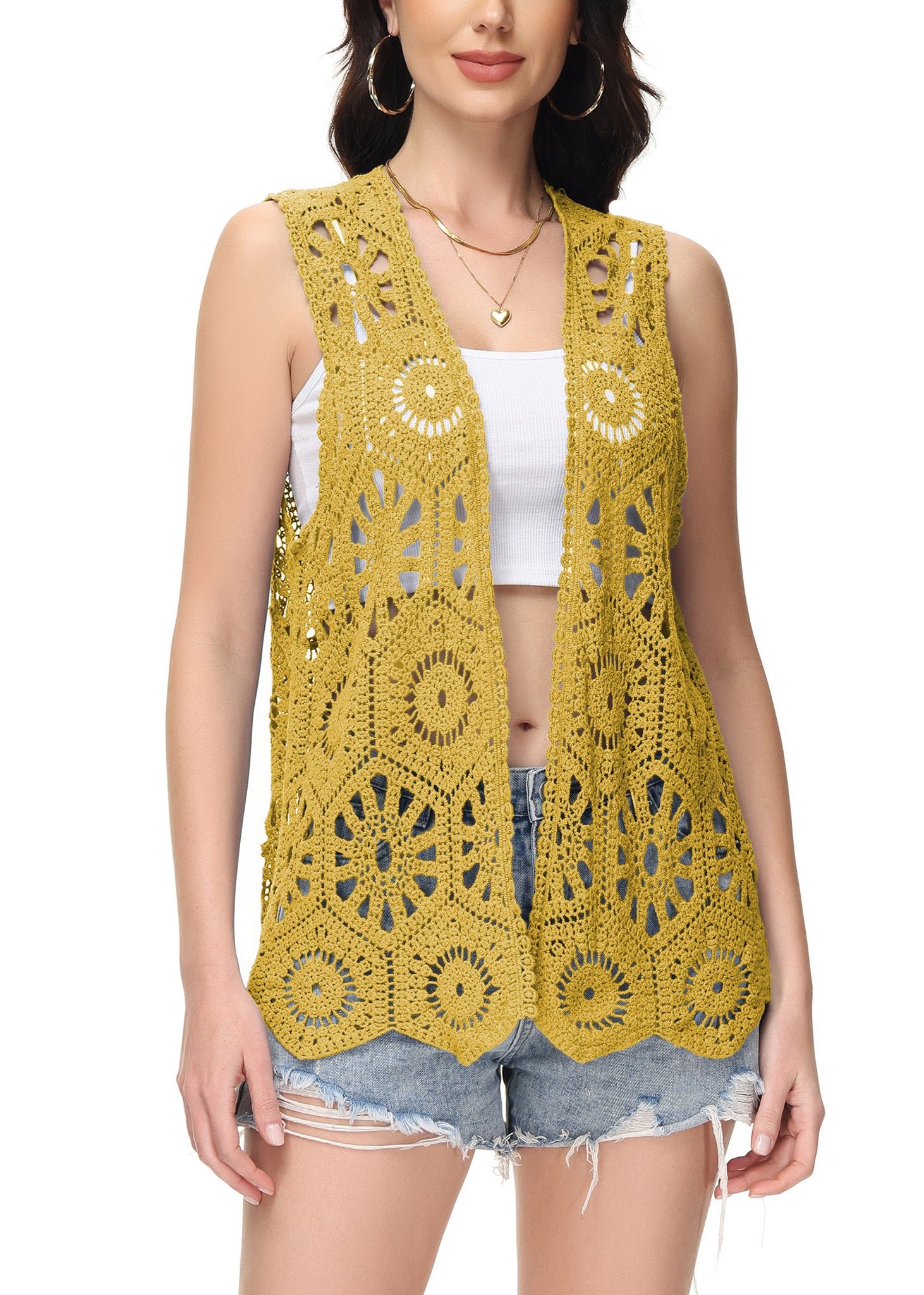 Cárdigan de crochet floral para mujer de Anna-Kaci, sin mangas, con ribete de encaje y chaleco abierto al frente