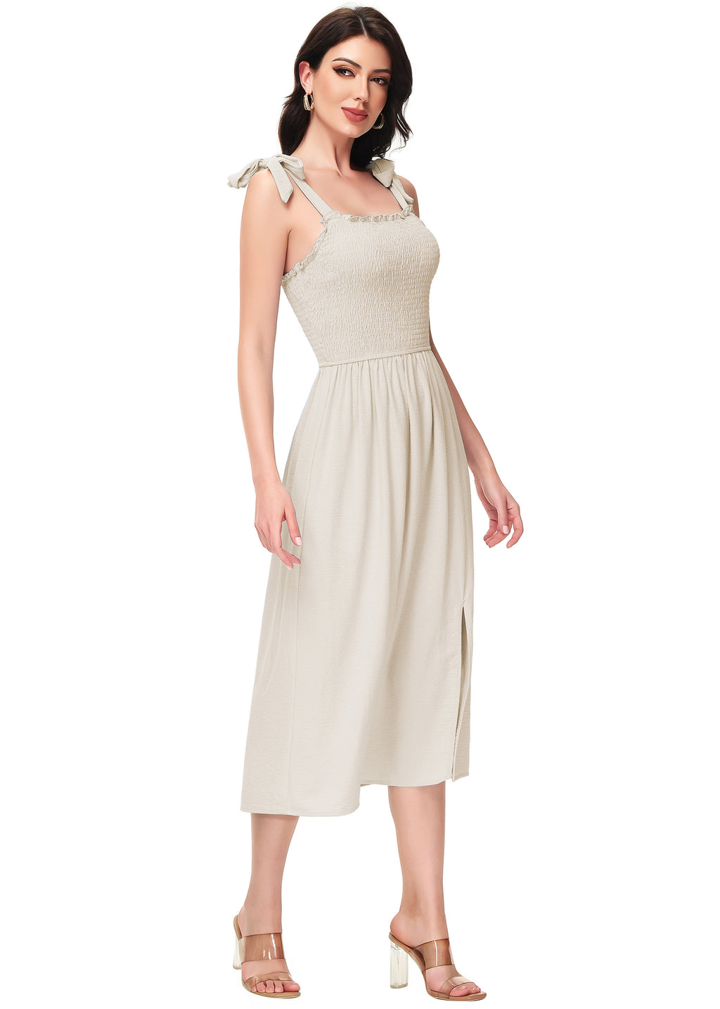 Anna-Kaci Women's Boho Summer Sleeveless Tie Straps Square Neck Smocked Split Midi Dress with Pockets