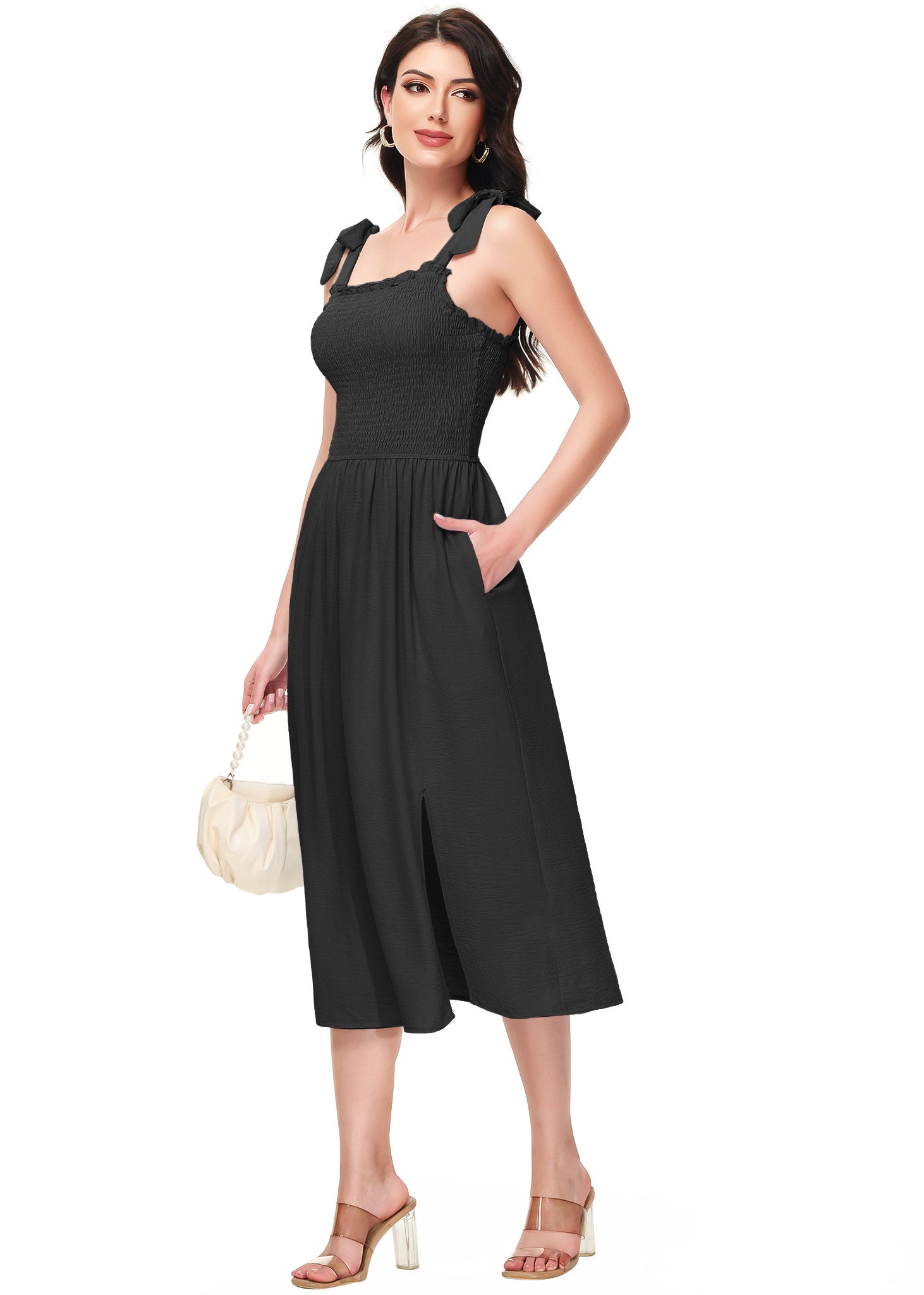 Anna-Kaci Women's Boho Summer Sleeveless Tie Straps Square Neck Smocked Split Midi Dress with Pockets