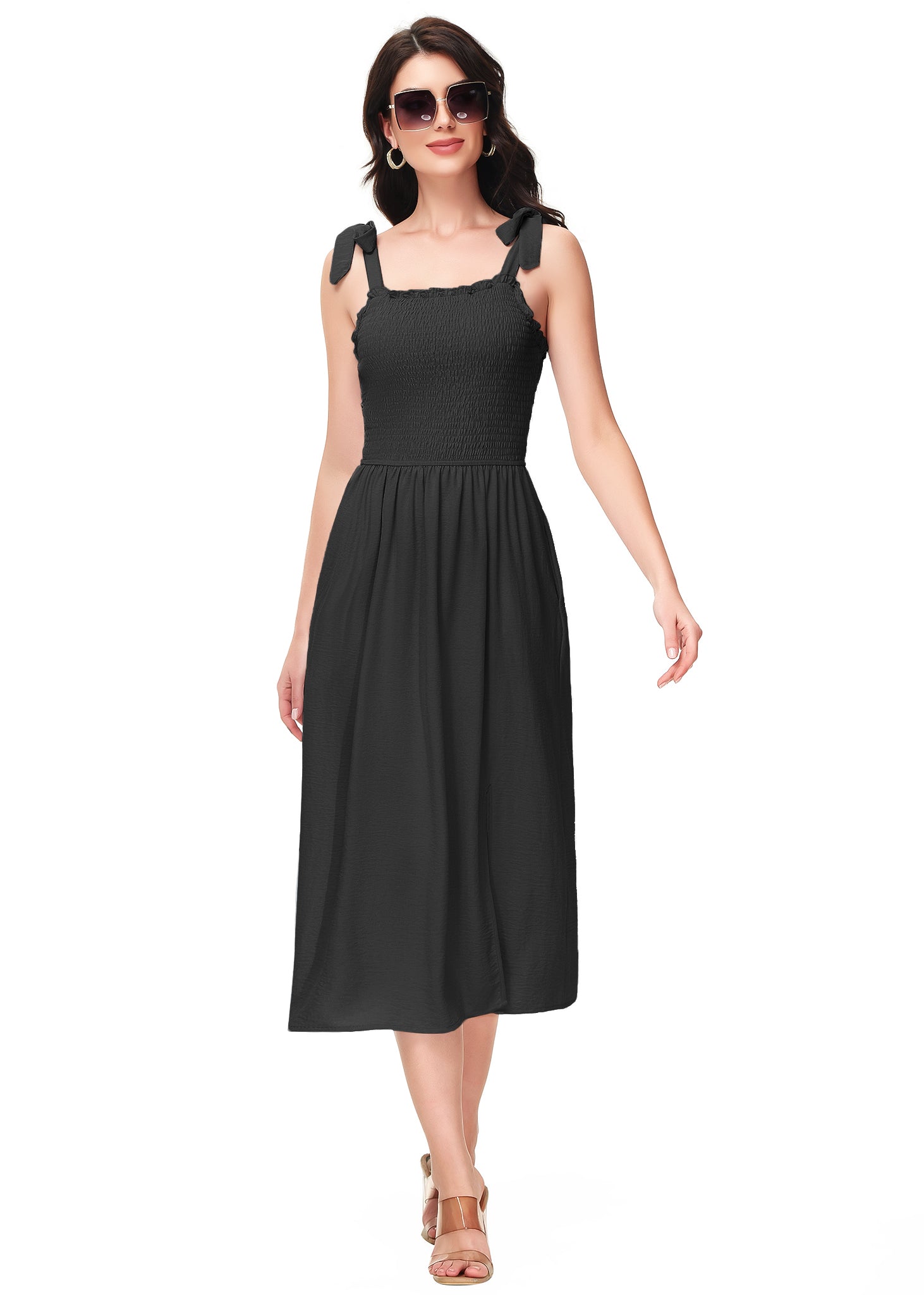 Anna-Kaci Women's Boho Summer Sleeveless Tie Straps Square Neck Smocked Split Midi Dress with Pockets