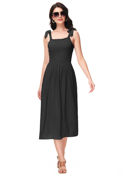 Anna-Kaci Women's Boho Summer Sleeveless Tie Straps Square Neck Smocked Split Midi Dress with Pockets
