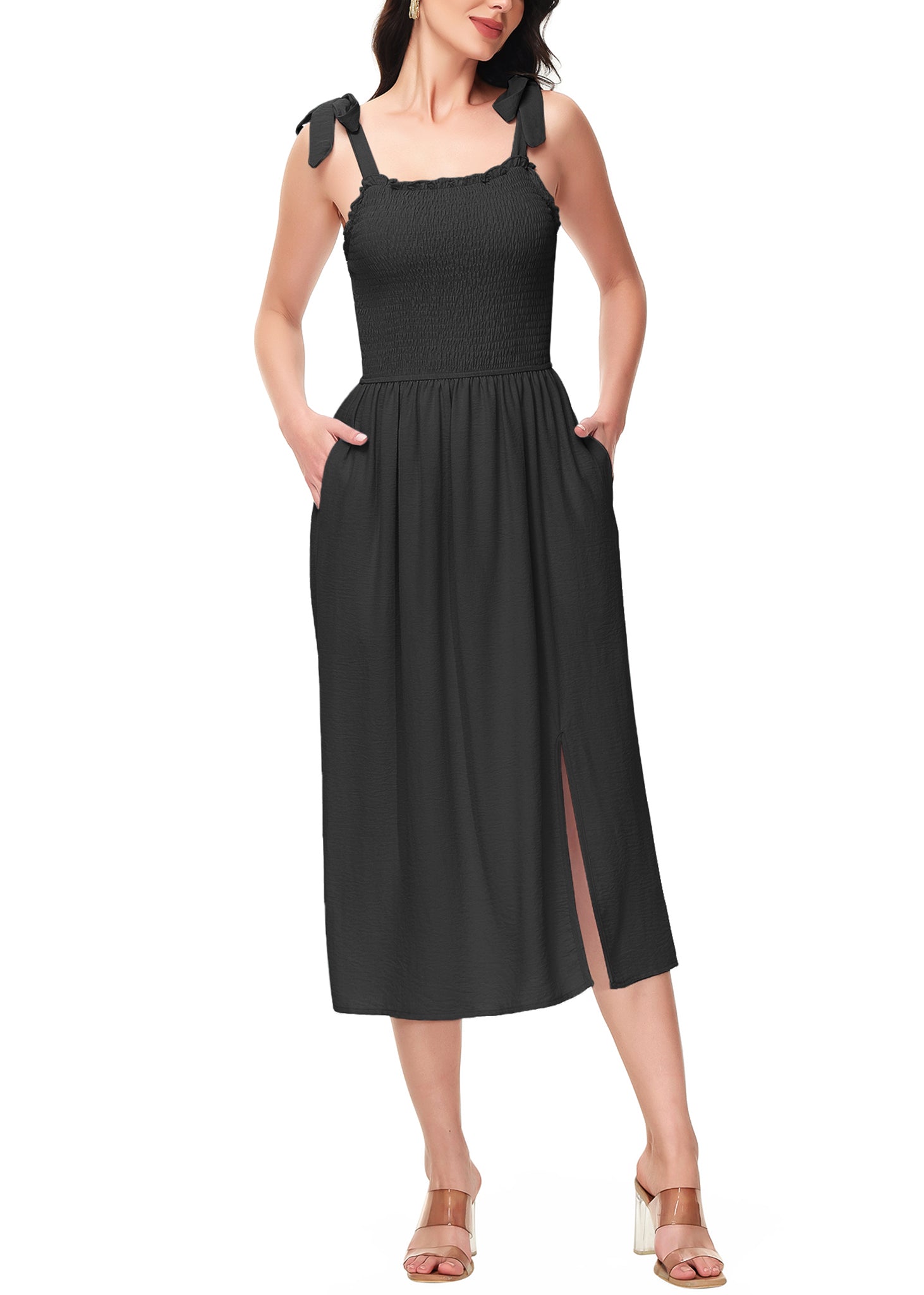 Vestido midi con abertura y escote cuadrado, sin mangas, estilo bohemio, con tirantes anudados y bolsillos para mujer de Anna-Kaci