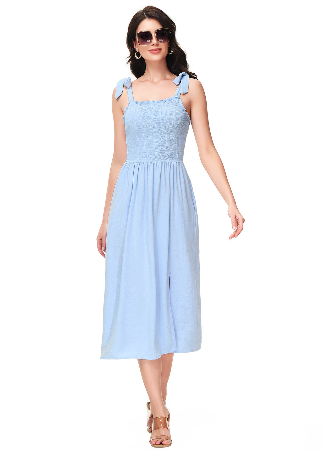 Anna-Kaci Women's Boho Summer Sleeveless Tie Straps Square Neck Smocked Split Midi Dress with Pockets