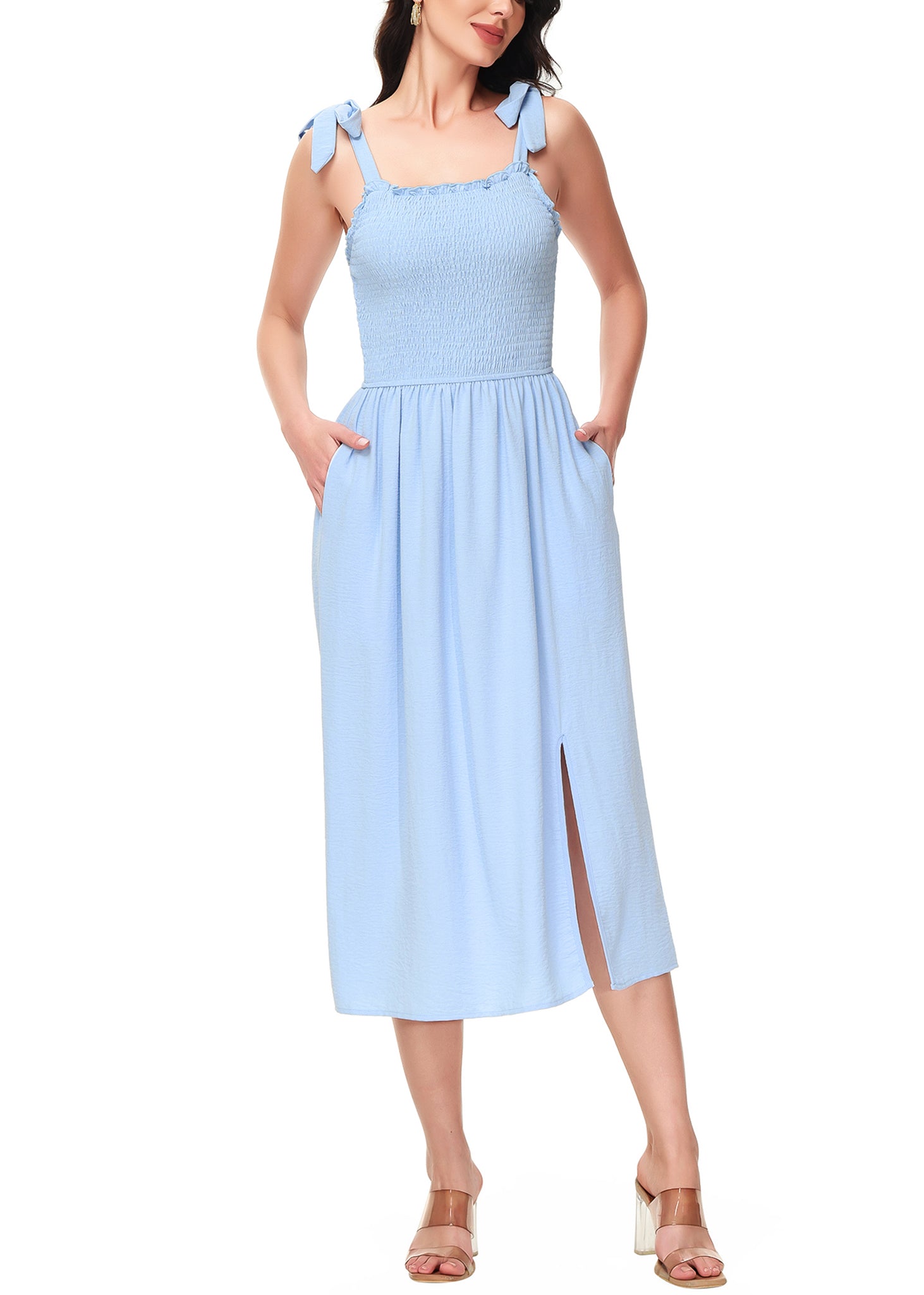 Vestido midi con abertura y escote cuadrado, sin mangas, estilo bohemio, con tirantes anudados y bolsillos para mujer de Anna-Kaci