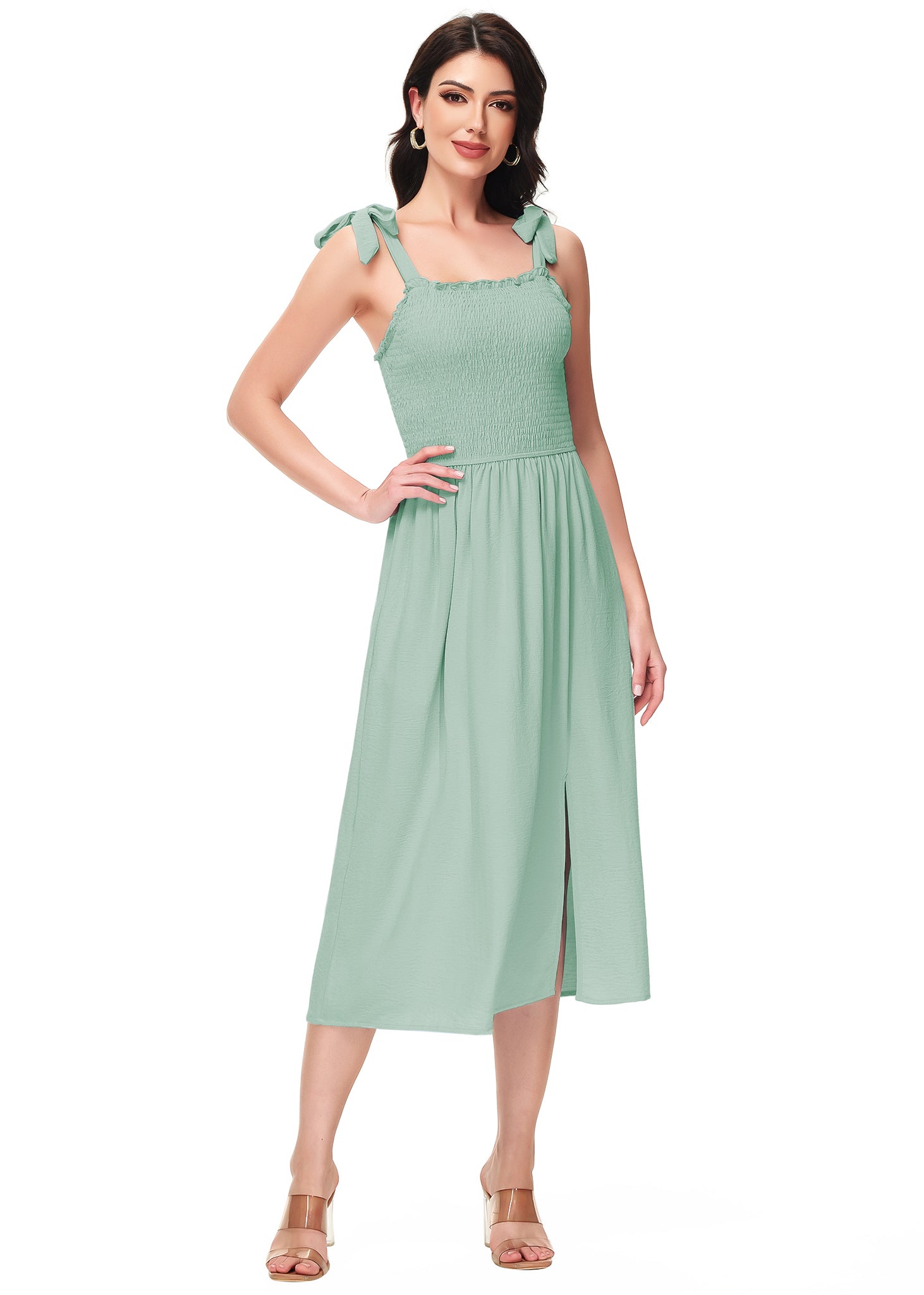 Anna-Kaci Women's Boho Summer Sleeveless Tie Straps Square Neck Smocked Split Midi Dress with Pockets