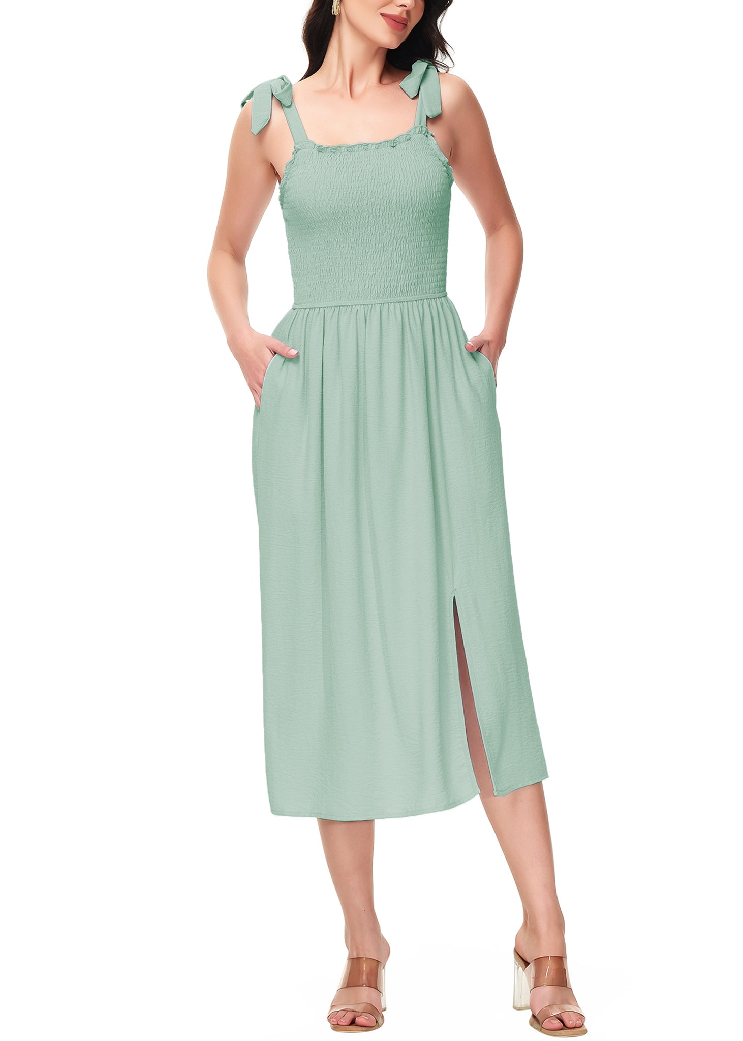 Vestido midi con abertura y escote cuadrado, sin mangas, estilo bohemio, con tirantes anudados y bolsillos para mujer de Anna-Kaci