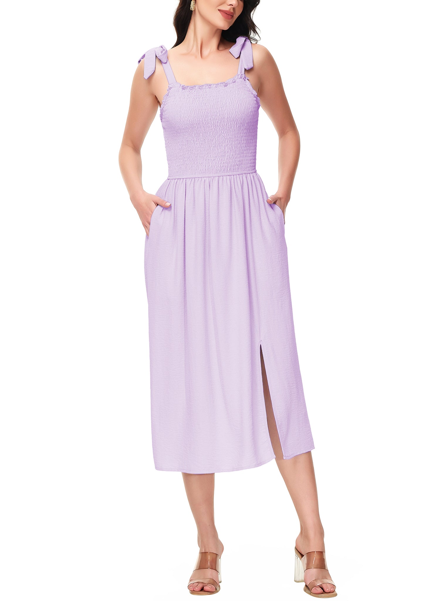 Vestido midi con abertura y escote cuadrado, sin mangas, estilo bohemio, con tirantes anudados y bolsillos para mujer de Anna-Kaci