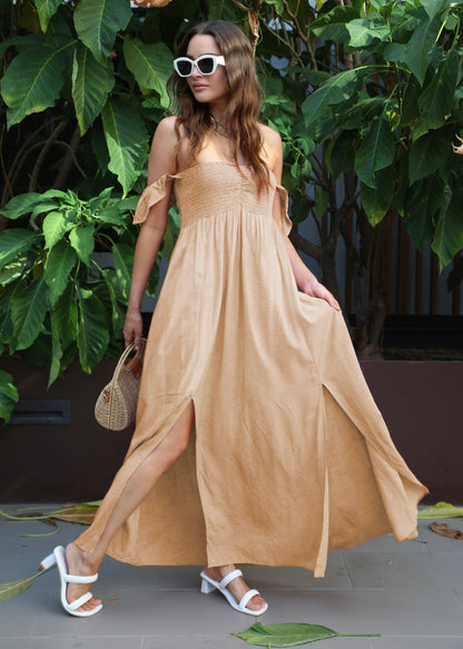 Vestido largo con escote fruncido, mangas cortas y aberturas delanteras para mujer de Anna-Kaci