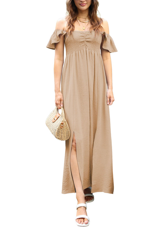 Vestido largo con escote fruncido, mangas cortas y aberturas delanteras para mujer de Anna-Kaci
