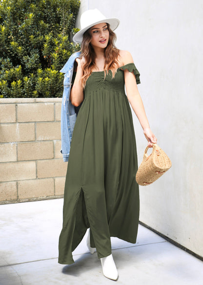 Vestido largo con escote fruncido, mangas cortas y aberturas delanteras para mujer de Anna-Kaci