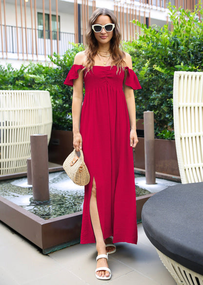 Vestido largo con escote fruncido, mangas cortas y aberturas delanteras para mujer de Anna-Kaci