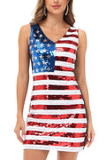 Vestido corto con cuello en V y lentejuelas con la bandera estadounidense para mujer de Anna-Kaci, sin mangas, con rayas patrióticas de EE. UU. y purpurina