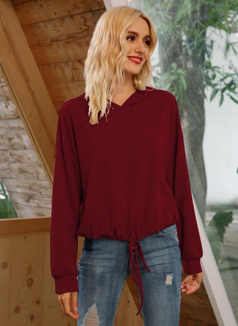 Gathered Ribbon Tie Hem Hoodie