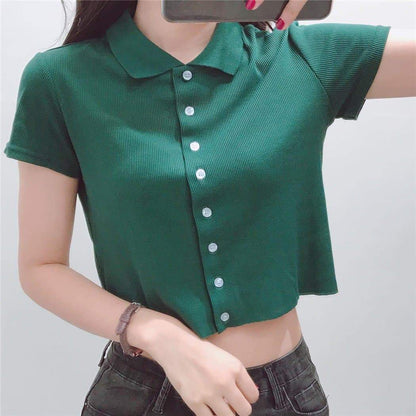 Anna-Kaci Button Up Collar Short Sleeve T-Shirt | Anna-Kaci
