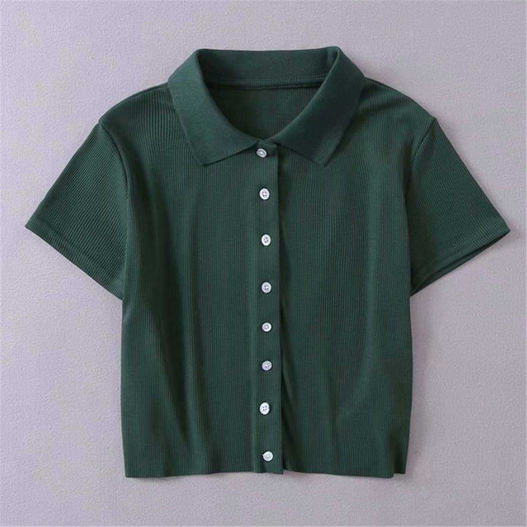 Anna-Kaci Button Up Collar Short Sleeve T-Shirt | Anna-Kaci Medium / Green