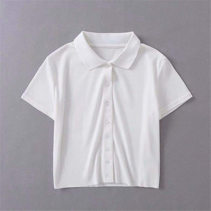 Anna-Kaci Button Up Collar Short Sleeve T-Shirt | Anna-Kaci Medium / White