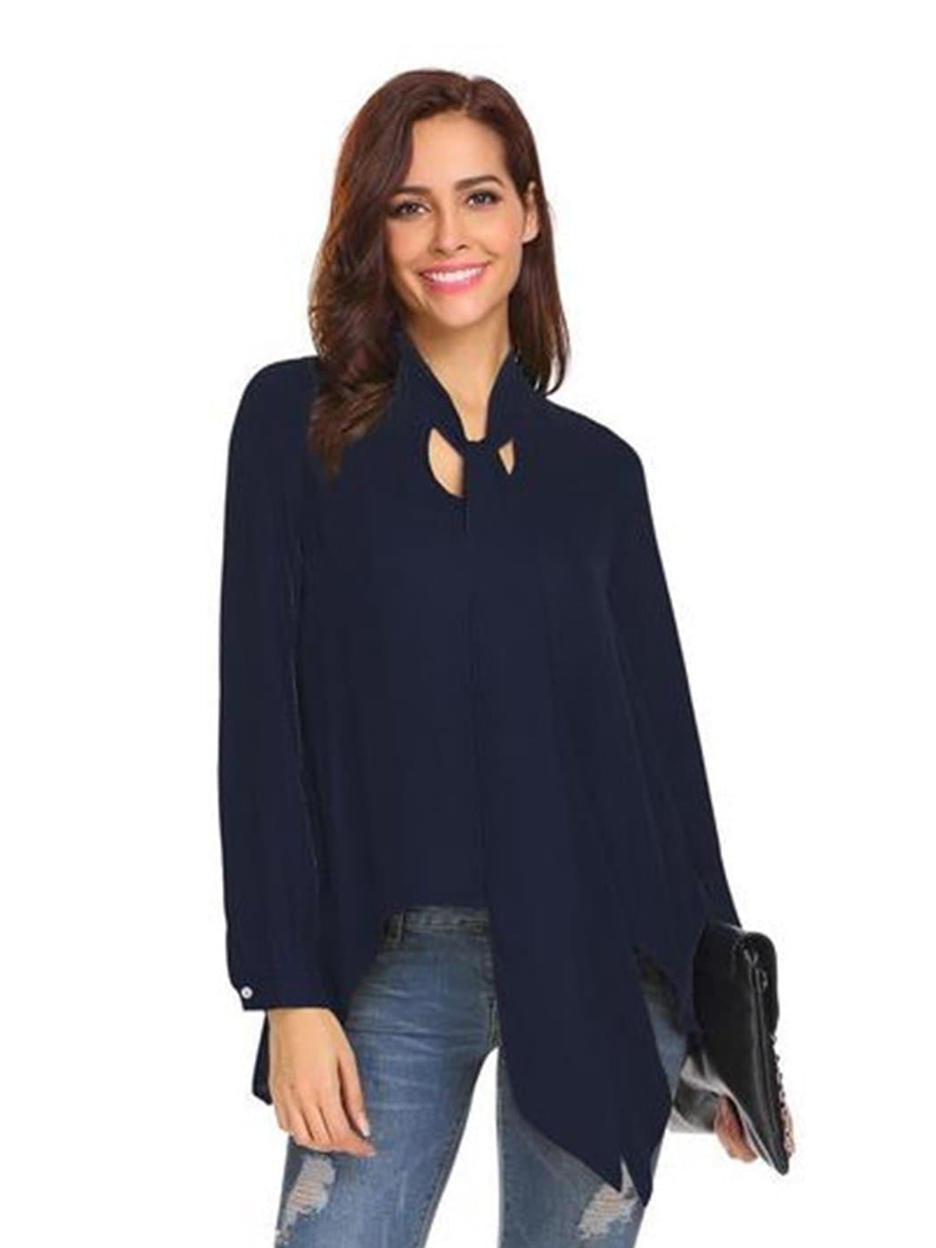 Anna-Kaci Flowy Chiffon Bow Blouse by Anna-Kaci Large / Navy