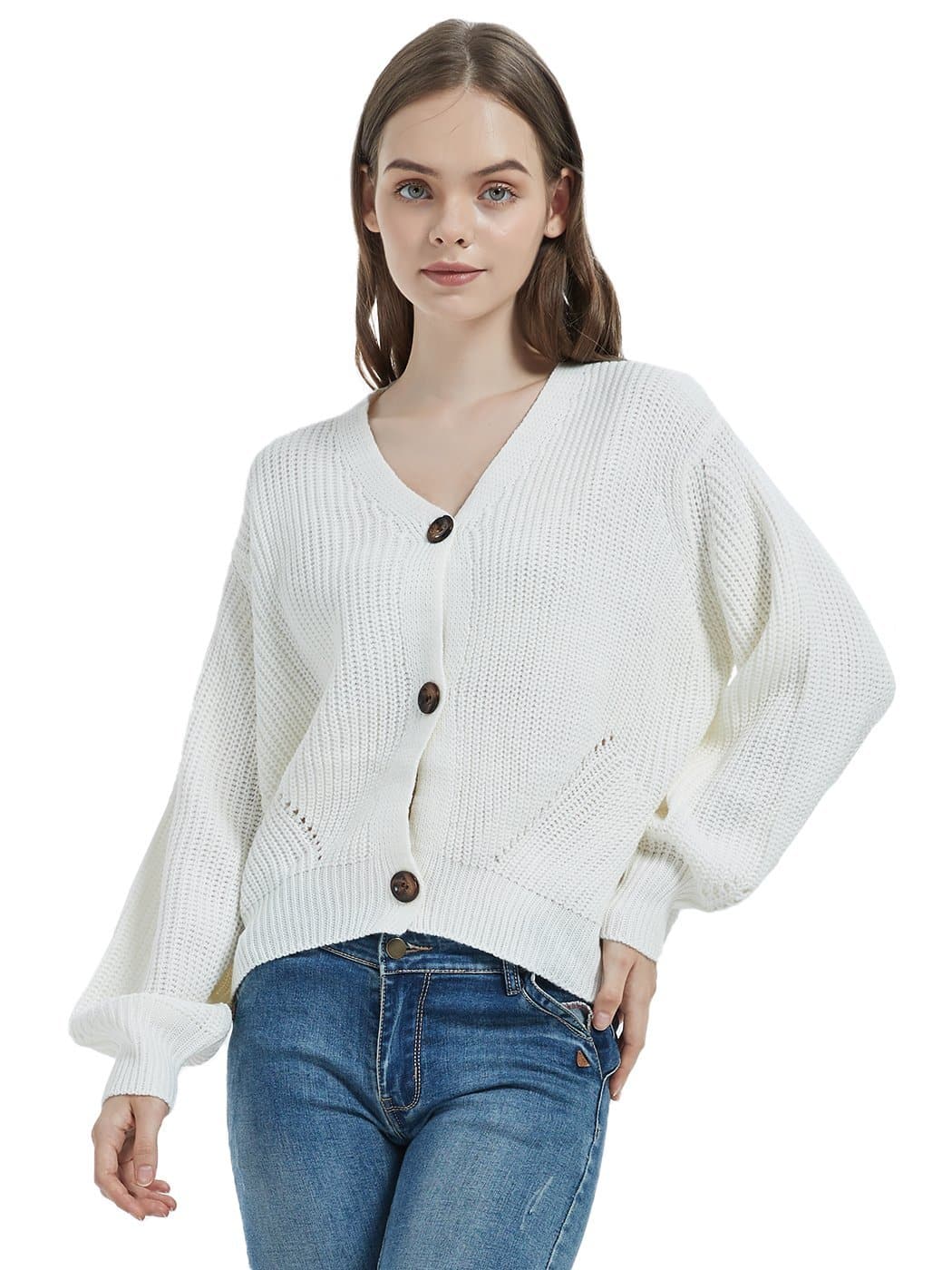 Anna-Kaci Lantern Sleeve Cardigan Button Down Open Front Knit Sweater Coat | Womens | Anna-Kaci L / White