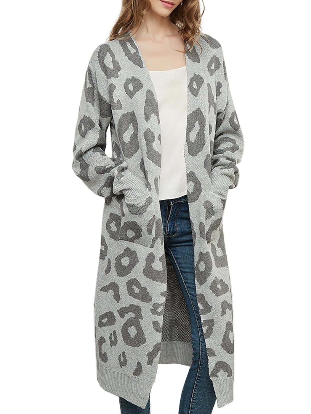 Anna-Kaci Leopard Cheetah Print Cardigan Long Sleeve Open Front With Pockets | Womens | Anna-Kaci L / Grey