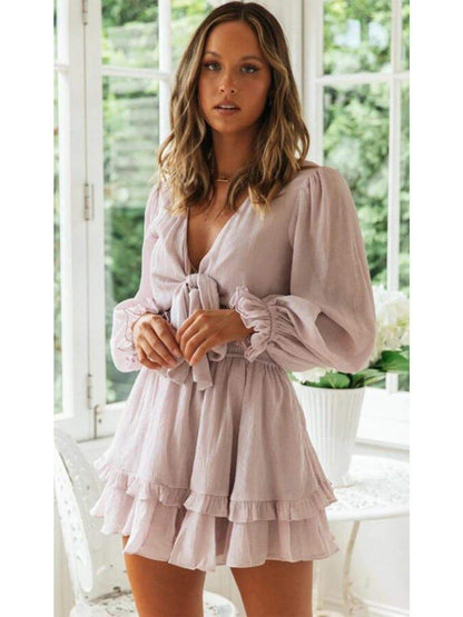 Anna-Kaci Long Bell Sleeve Tie Front Ruffle Dress | Anna-Kaci Large / Pink