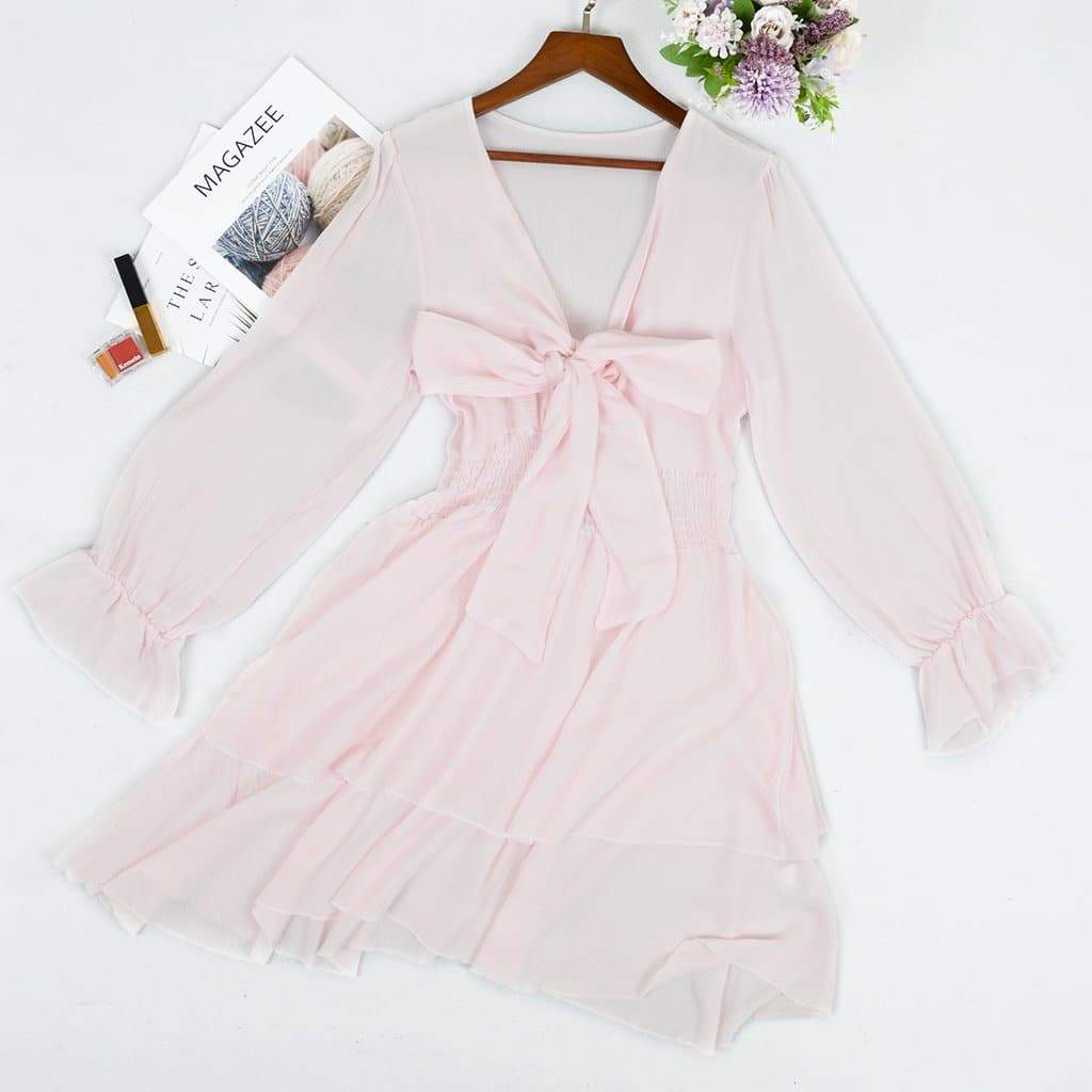 Anna-Kaci Long Bell Sleeve Tie Front Ruffle Dress | Anna-Kaci