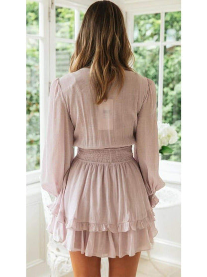 Anna-Kaci Long Bell Sleeve Tie Front Ruffle Dress | Anna-Kaci