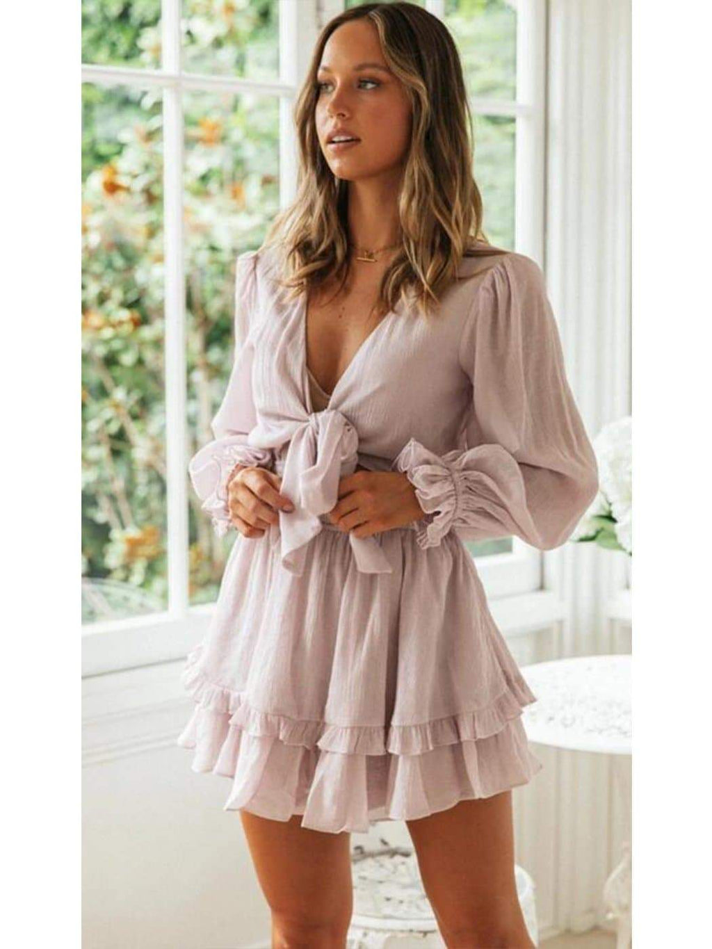 Anna-Kaci Long Bell Sleeve Tie Front Ruffle Dress | Anna-Kaci