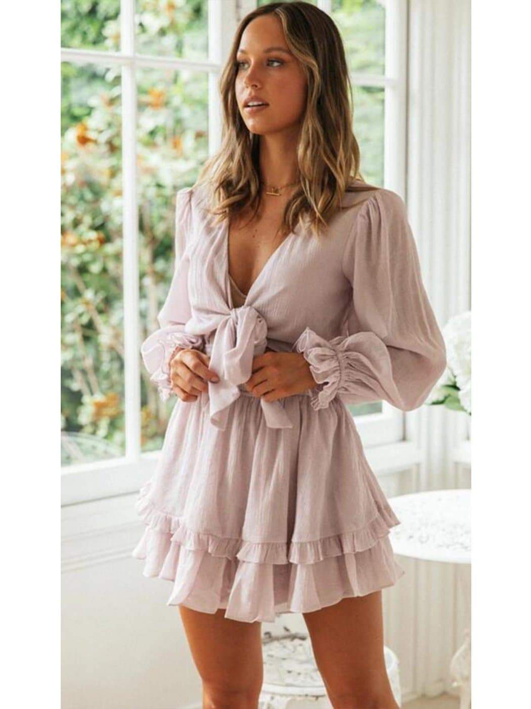 Anna-Kaci Long Bell Sleeve Tie Front Ruffle Dress | Anna-Kaci