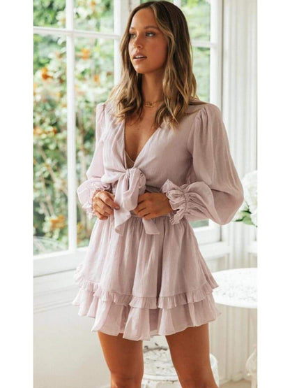 Anna-Kaci Long Bell Sleeve Tie Front Ruffle Dress | Anna-Kaci
