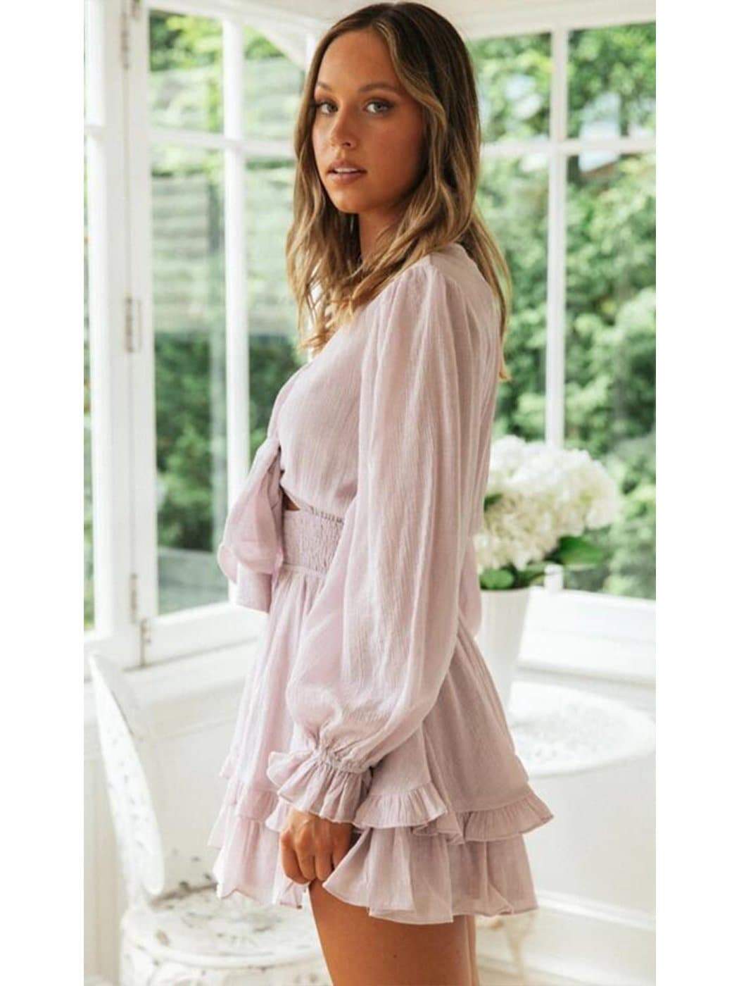Anna-Kaci Long Bell Sleeve Tie Front Ruffle Dress | Anna-Kaci