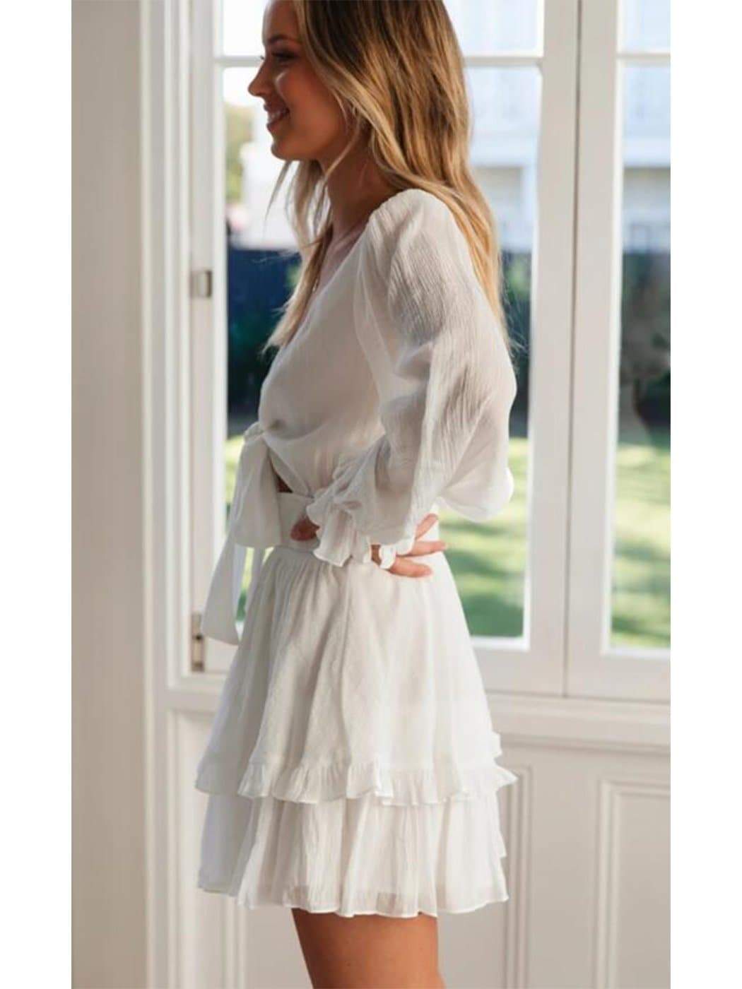 Anna-Kaci Long Bell Sleeve Tie Front Ruffle Dress | Anna-Kaci