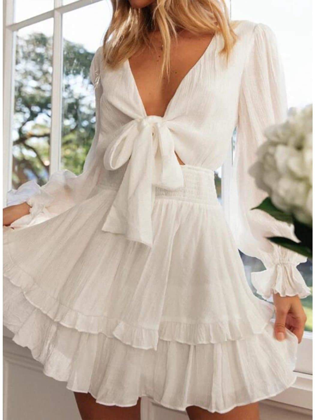 Anna-Kaci Long Bell Sleeve Tie Front Ruffle Dress | Anna-Kaci