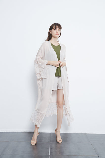 Anna-Kaci Long Lace Kimono Cardigan With Wide Sleeves | Womens | Anna-Kaci Large / Latte