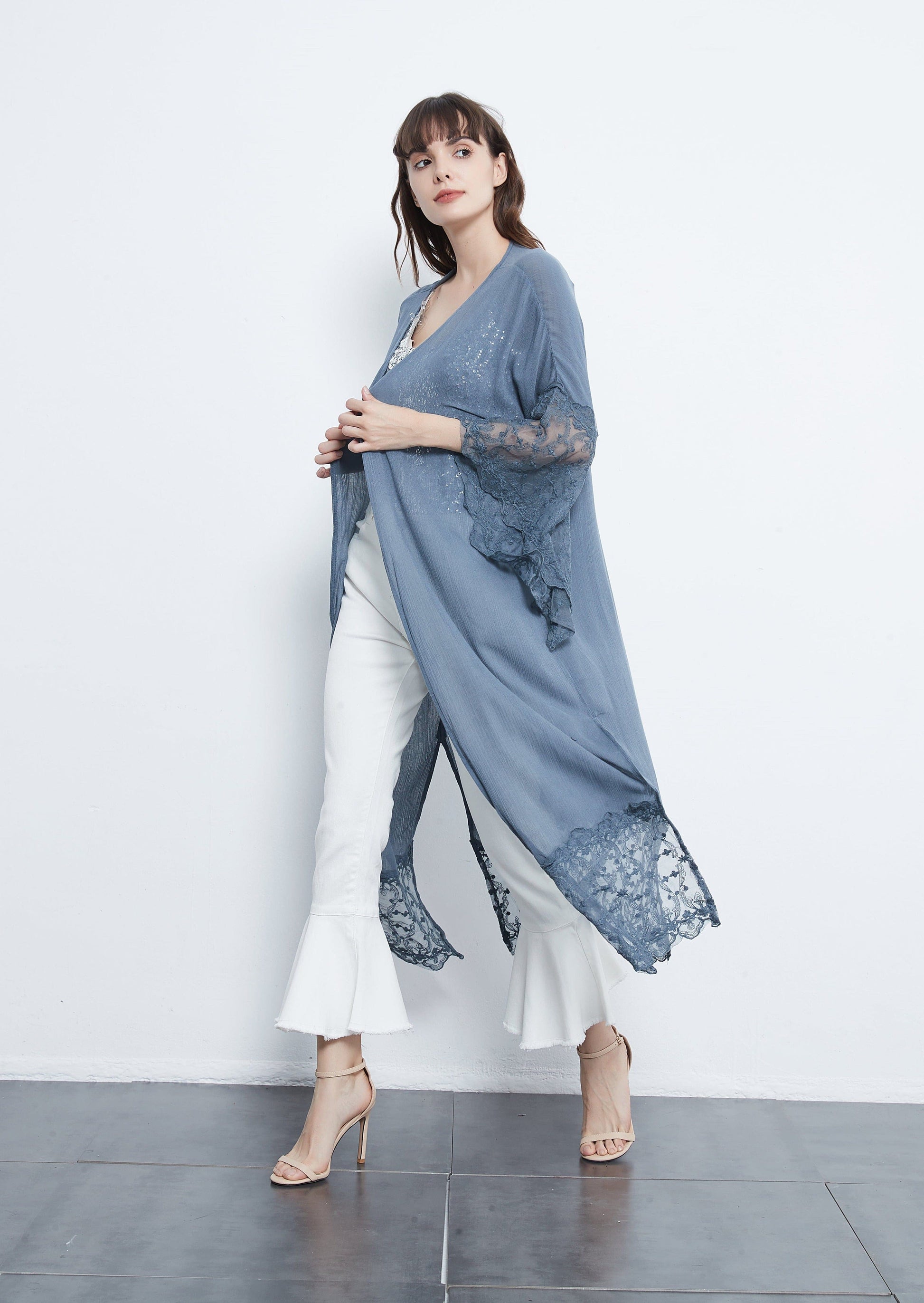 Anna-Kaci Long Lace Kimono Cardigan With Wide Sleeves | Womens | Anna-Kaci Large / Slate Gray