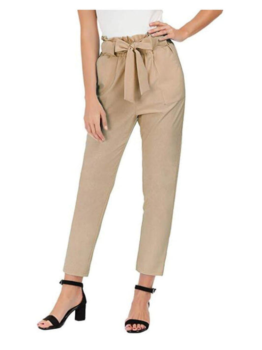 Anna-Kaci Paper Bag Pants High Waist Cropped Trouser | Anna-Kaci Large / Beige